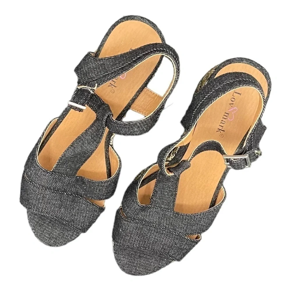 Lov Mark Denim Wicker Platform Sandals NWOT